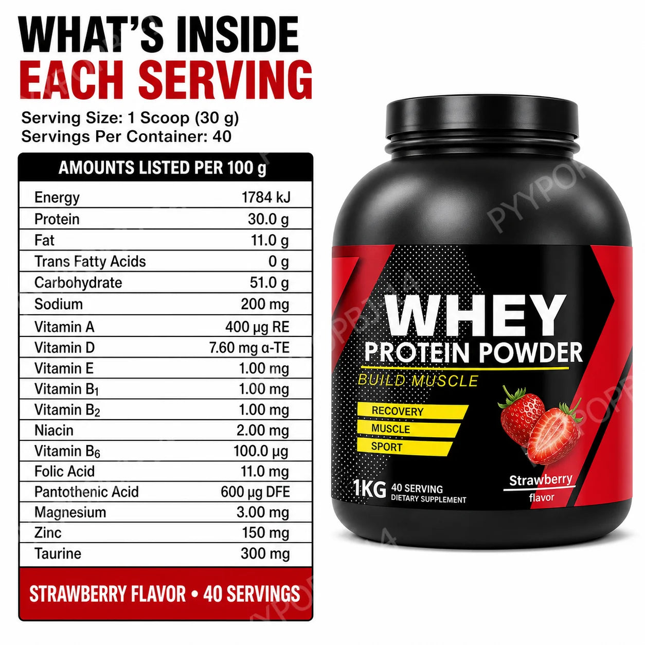 Strawberry Whey Protein Powder for Workout and Muscle Support, Daily Protein Nutrition for Active Adults, Sports Formula, 1kg