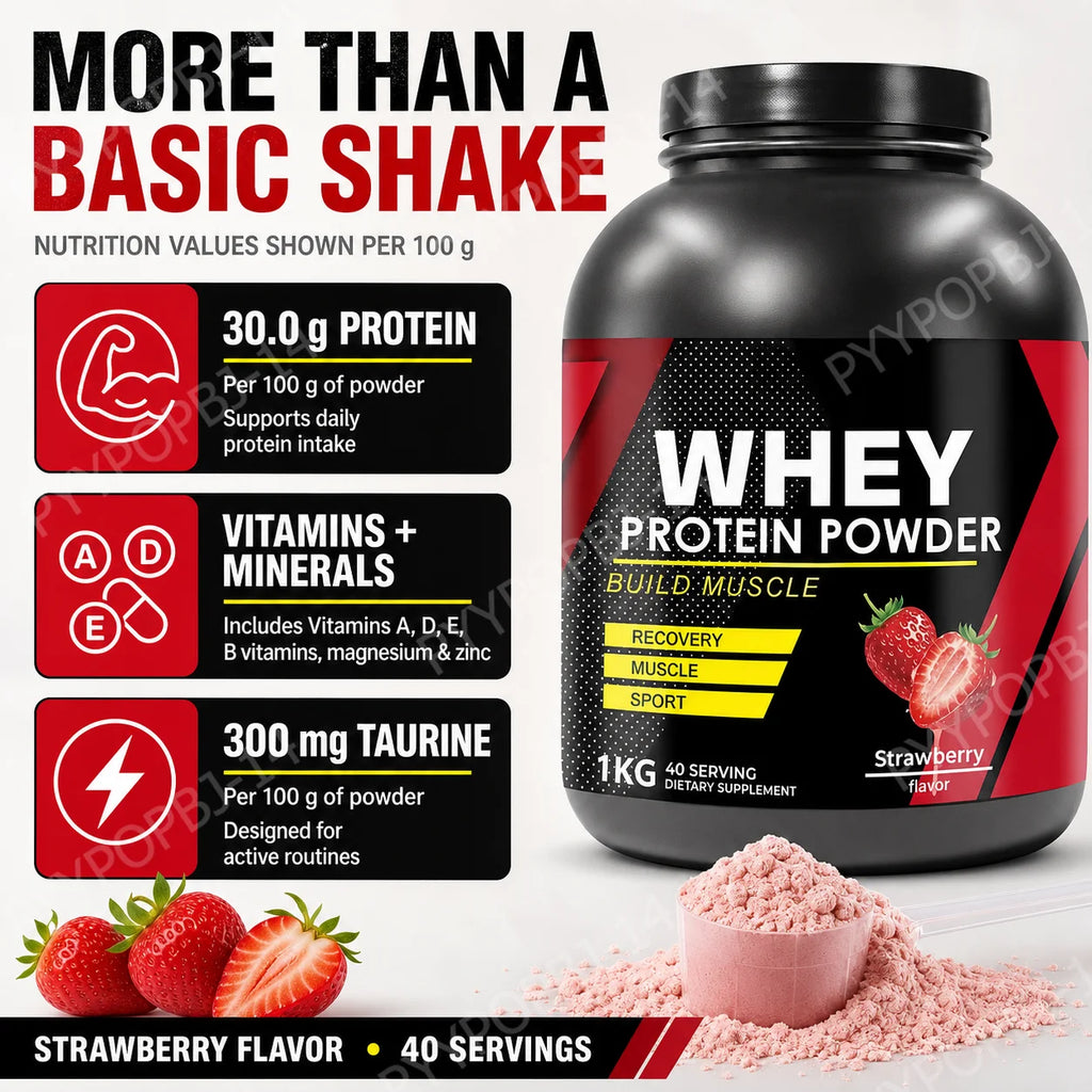 Strawberry Whey Protein Powder for Workout and Muscle Support, Daily Protein Nutrition for Active Adults, Sports Formula, 1kg